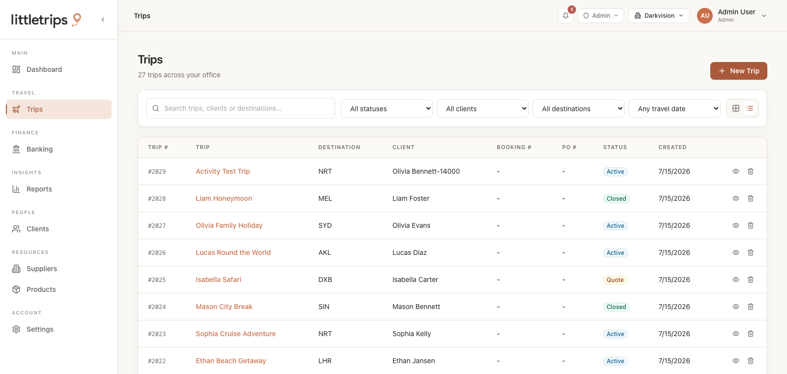 LittleTrips trip workspace with bookings and itinerary details