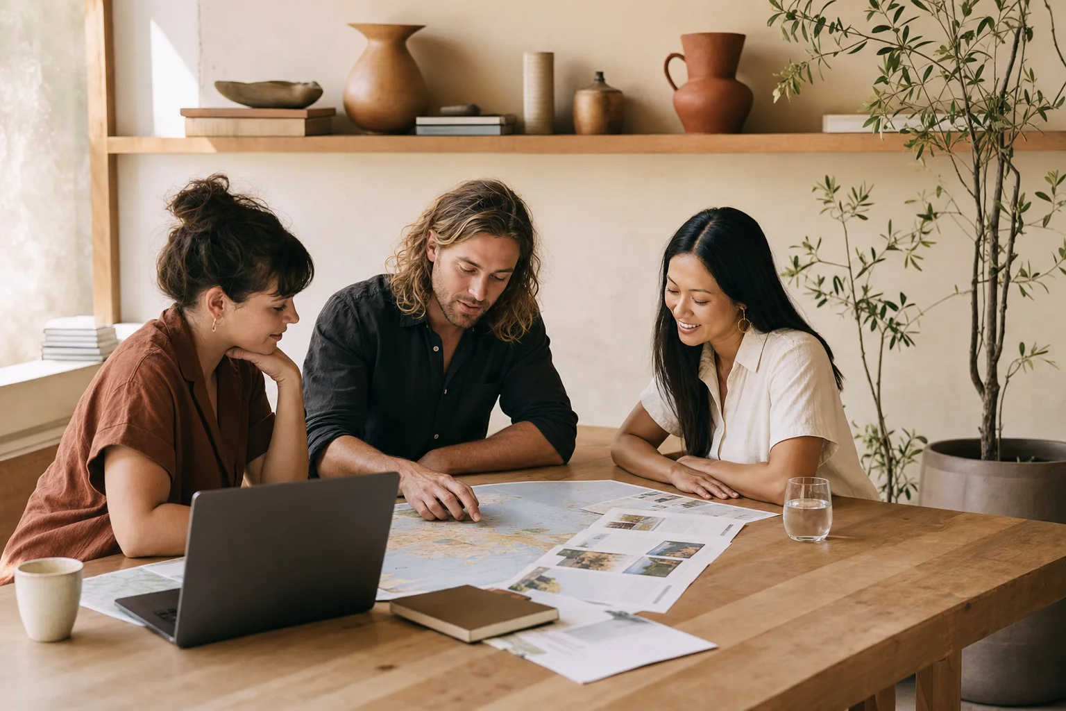 Travel agency team collaborating together